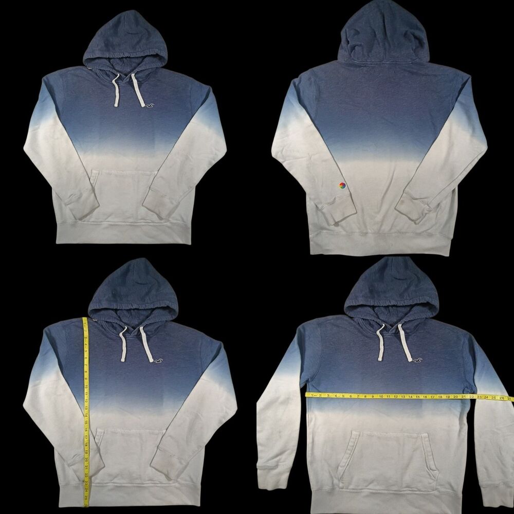 Hollister Hoodie Mens L Large Gray Blue Ombre Dip Dye Pullover Kangaroo Pocket